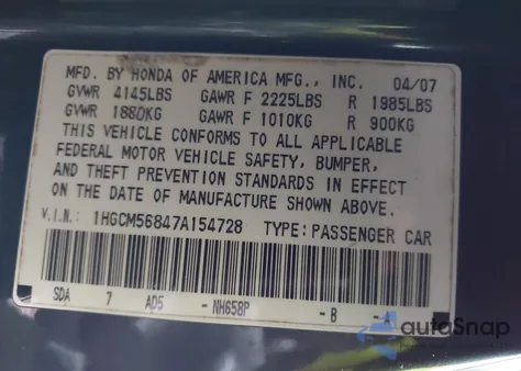 2007 Honda Accord 2.4 Ex z USA, uszkodzony, nr VIN 1HGCM56847A154728